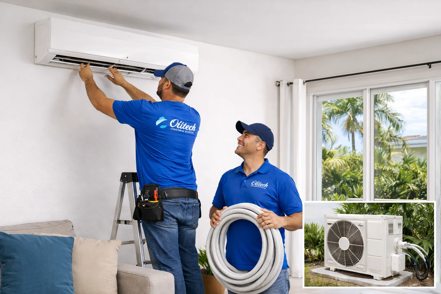Olitech Cooling Systems technicians installing a wall-mounted mini split air conditioner inside a Puerto Rico home with outdoor condenser unit shown