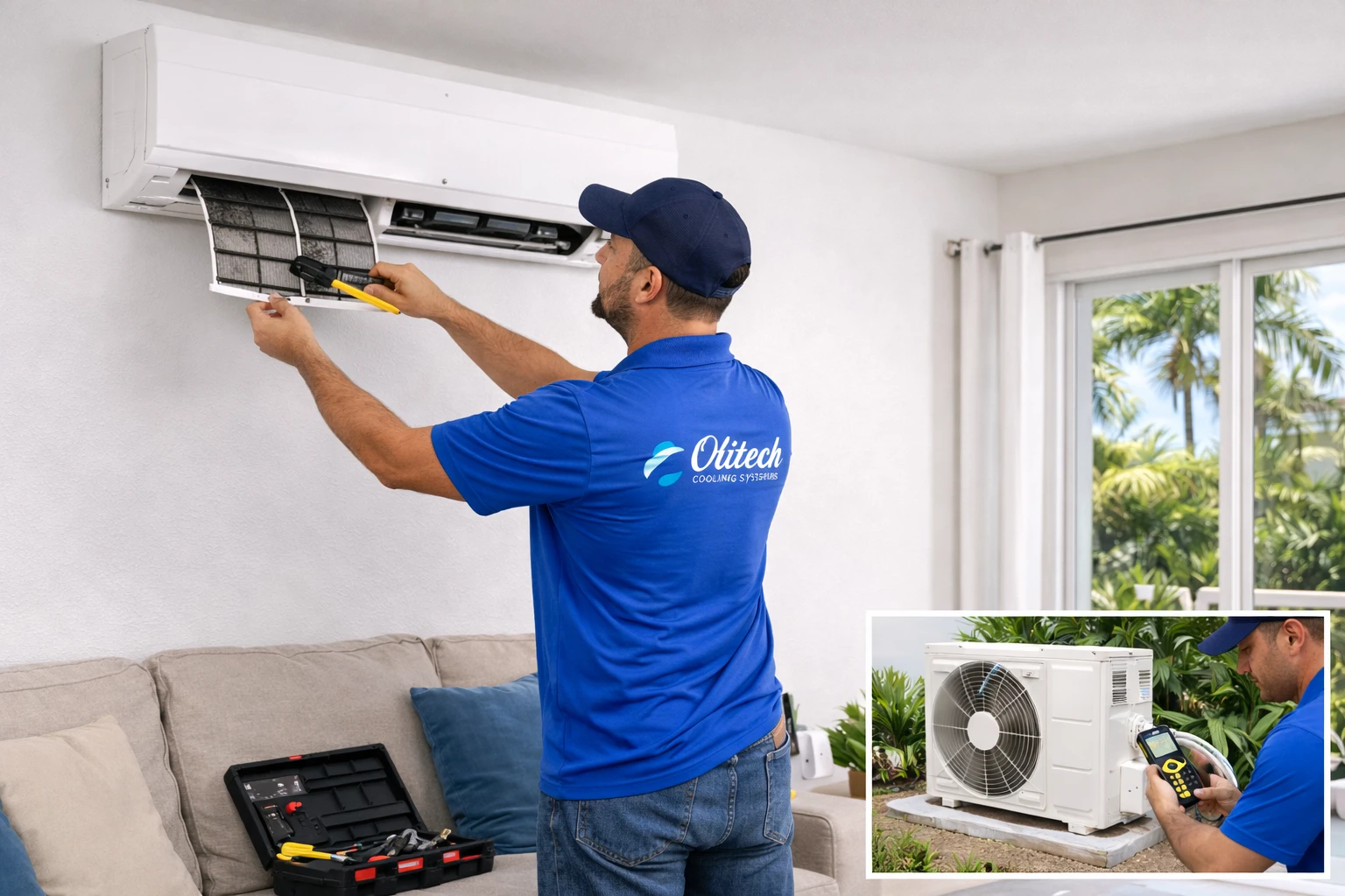 Olitech Cooling Systems technician performing indoor mini split air conditioner maintenance in a Puerto Rico home with outdoor condenser unit shown